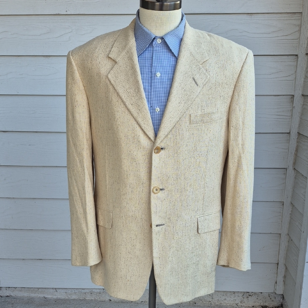 HICKEY FREEMAN Boardroom Beige Cream Herringbone Weave Silk Sz 42 R Sport Coat
